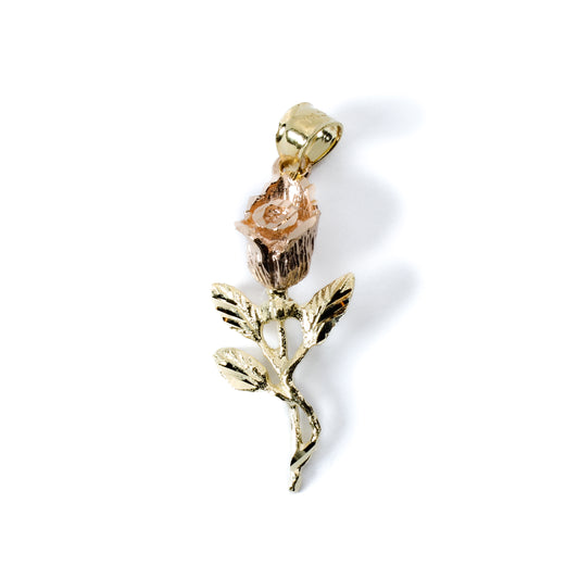 Full Stem Rose Flower Charm - 14k Gold