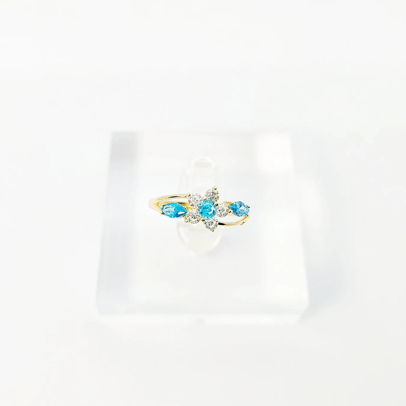 Halo x Floral x Trilogy CZ Ring - Aqua - 14k