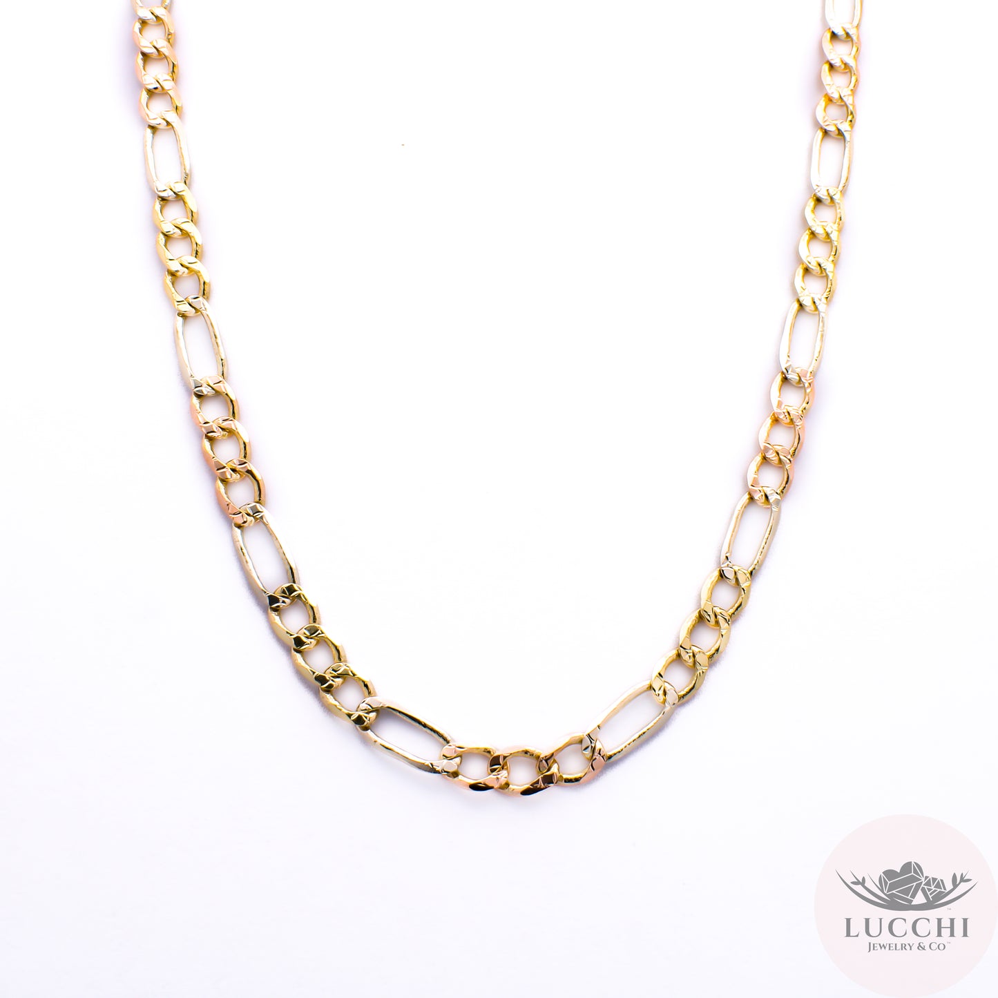 22" Figaro Tri Gold Chain Necklace - Star Engraved - 5mm - 14k