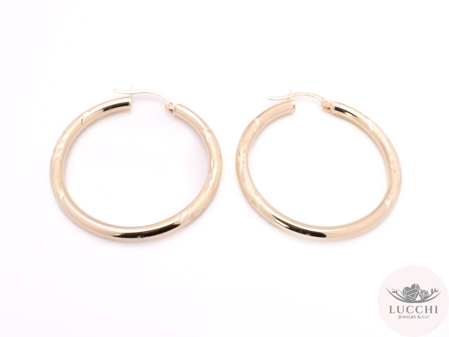 30mm Chevron Classic Hoop Earrings - Glass Blasted - 14k