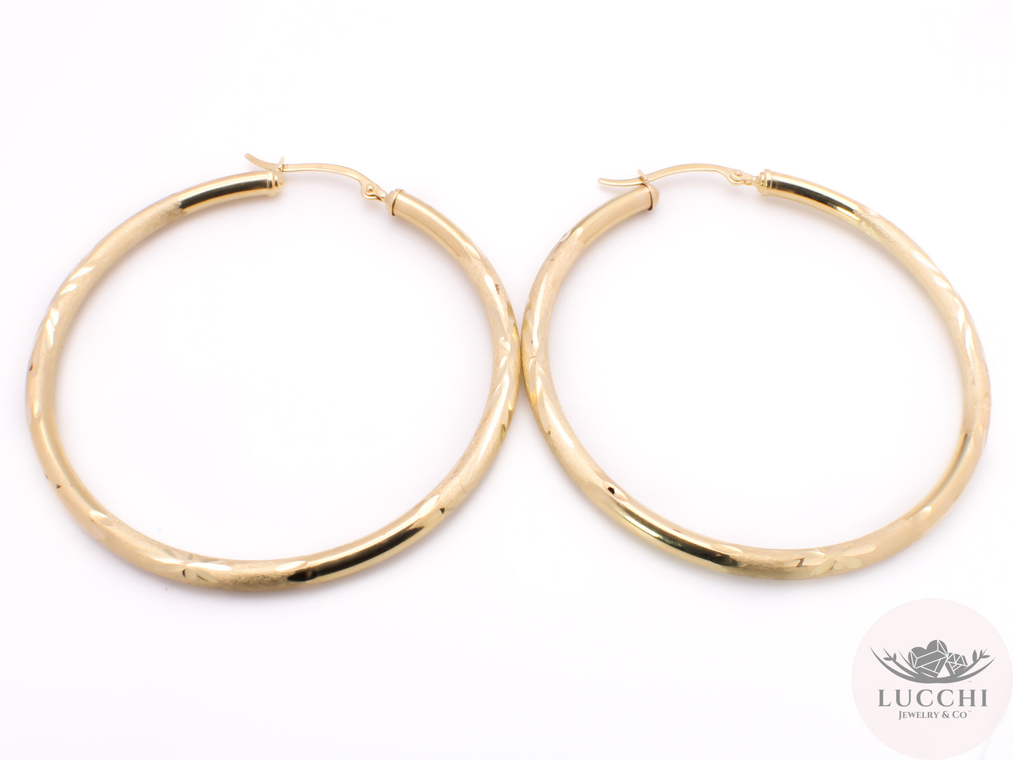 45mm Chevron Classic Hoop Earrings - Glass Blasted - 14k