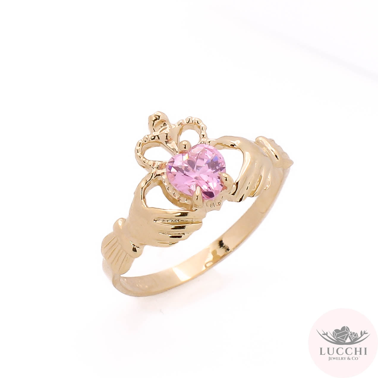 Claddagh Rustic Style Pink Stone Ring - Royal Crown - 14k