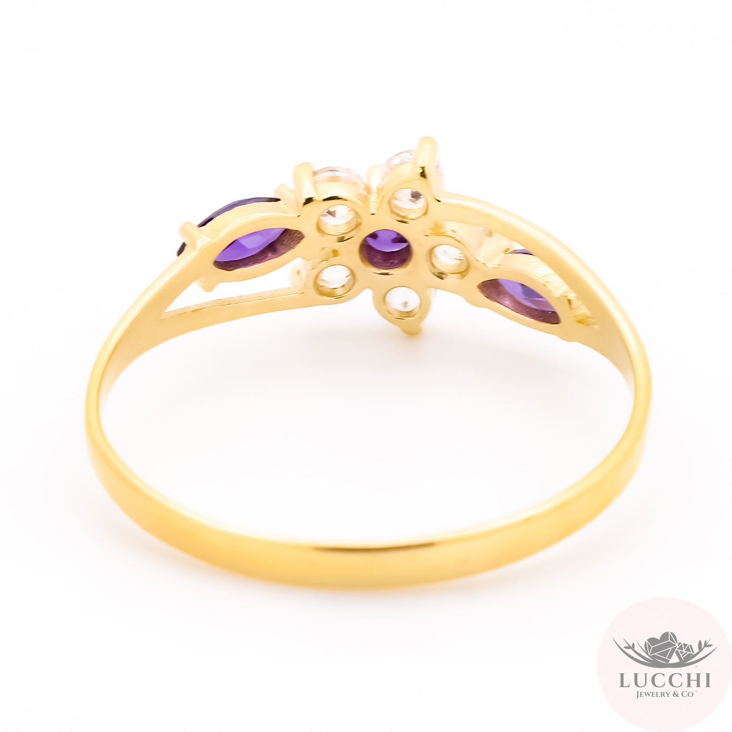 Halo x Floral x Trilogy CZ Ring - Amethyst Purple - 14k