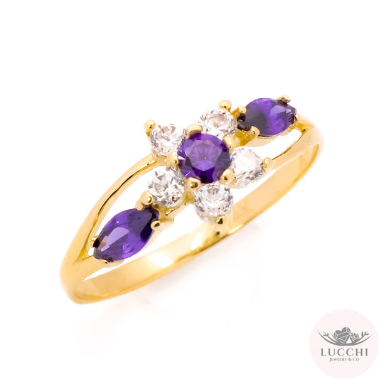 Halo x Floral x Trilogy CZ Ring - Amethyst Purple - 14k