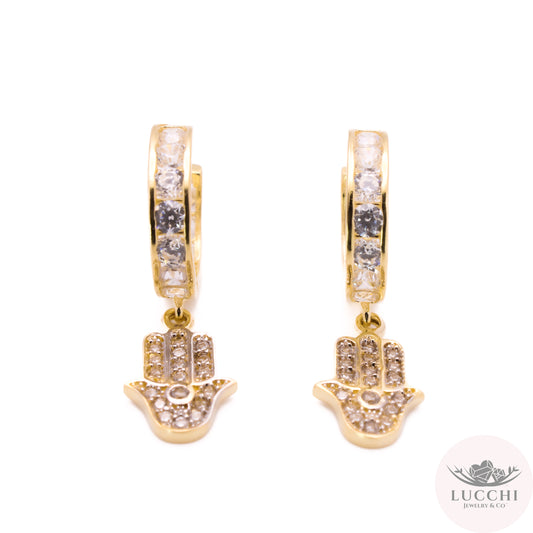 Hamsa Hand Huggies Earrings - White - 14k
