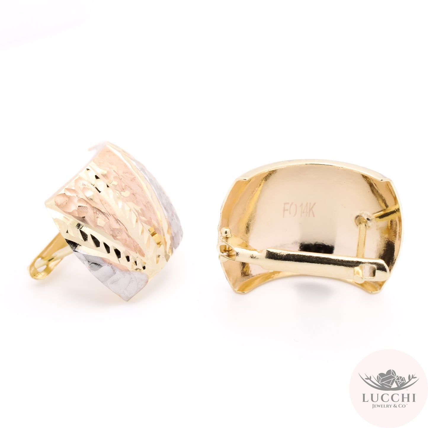 Neo Art Deco Tri Color Omega Earrings - Style 2 - 14k