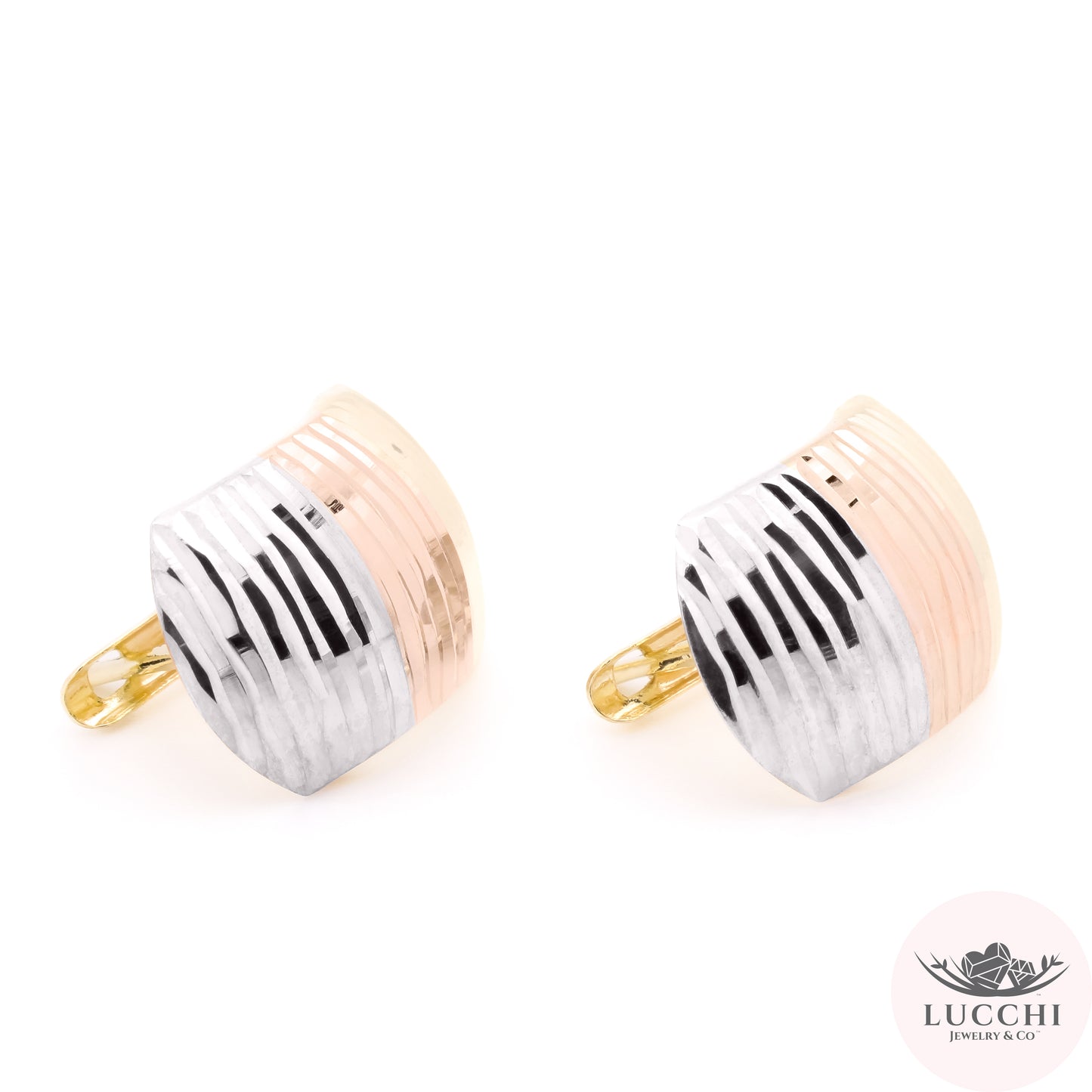 Neo Art Deco Tri Color Omega Earrings - Style 4 - 14k