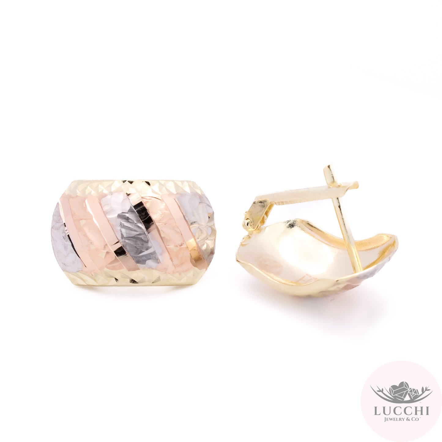 Neo Art Deco Tri Color Stripes & Hammered Omega Earrings - 14k