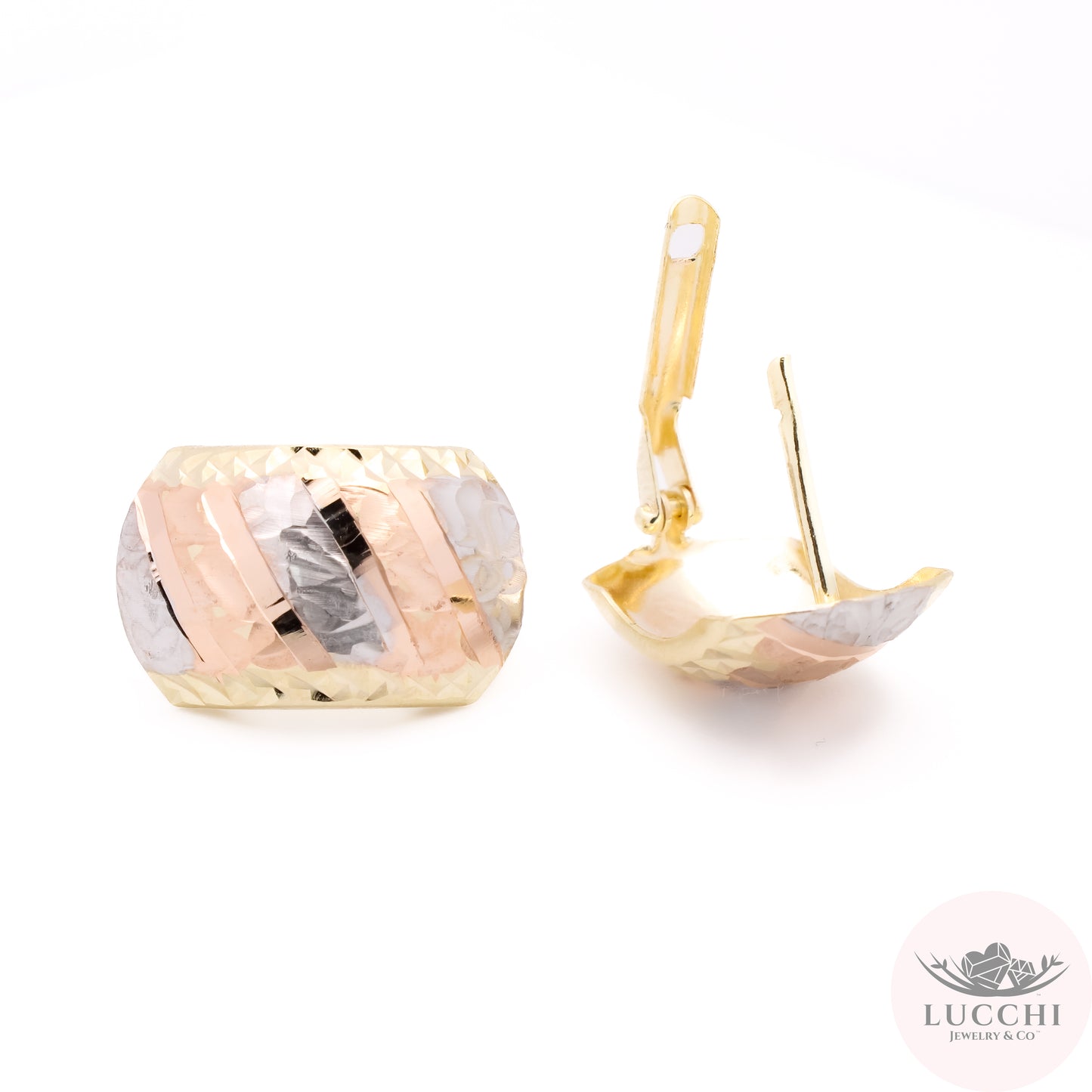 Neo Art Deco Tri Color Stripes & Hammered Omega Earrings - 14k