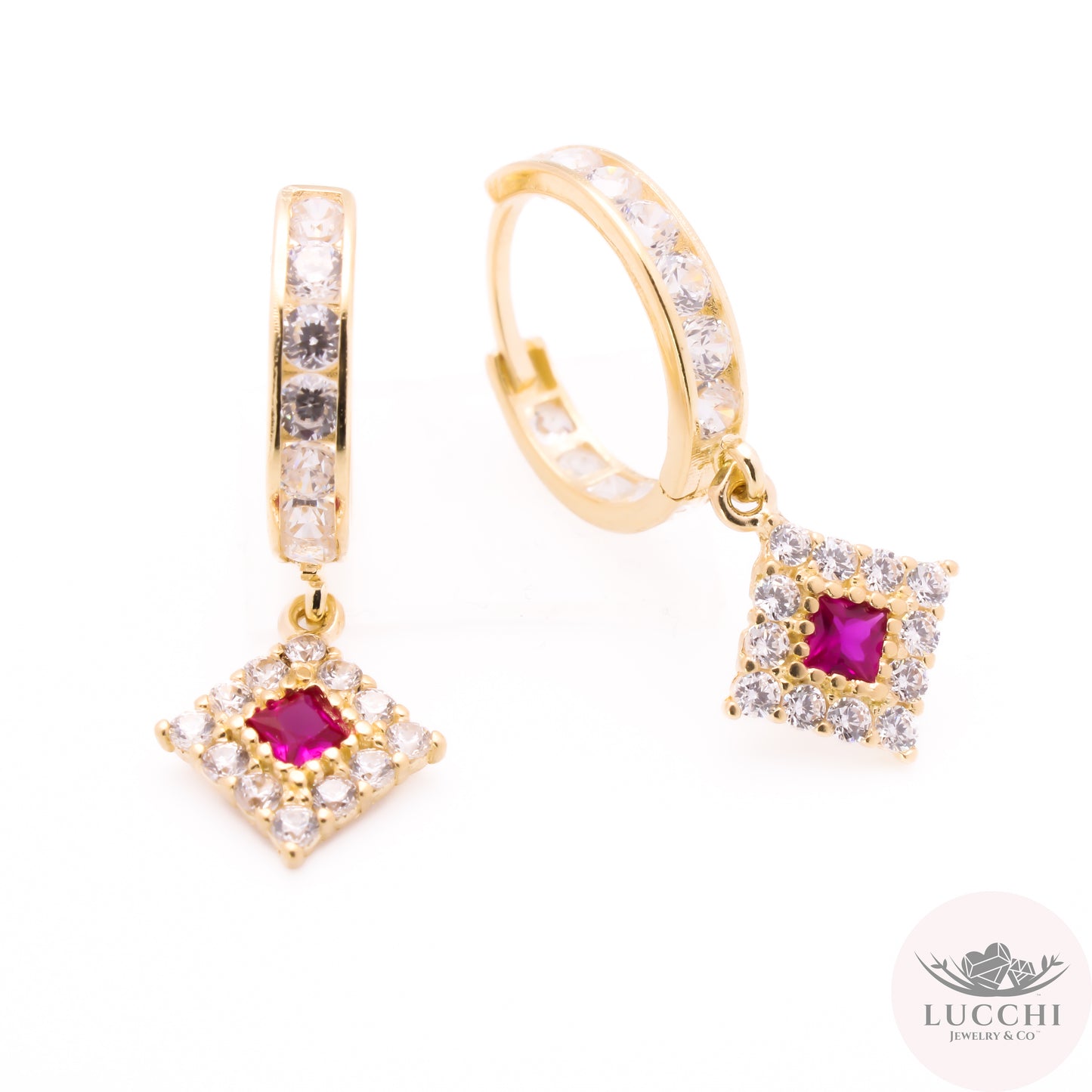 Square Drop Halo Huggies Earrings - White & Red -14k