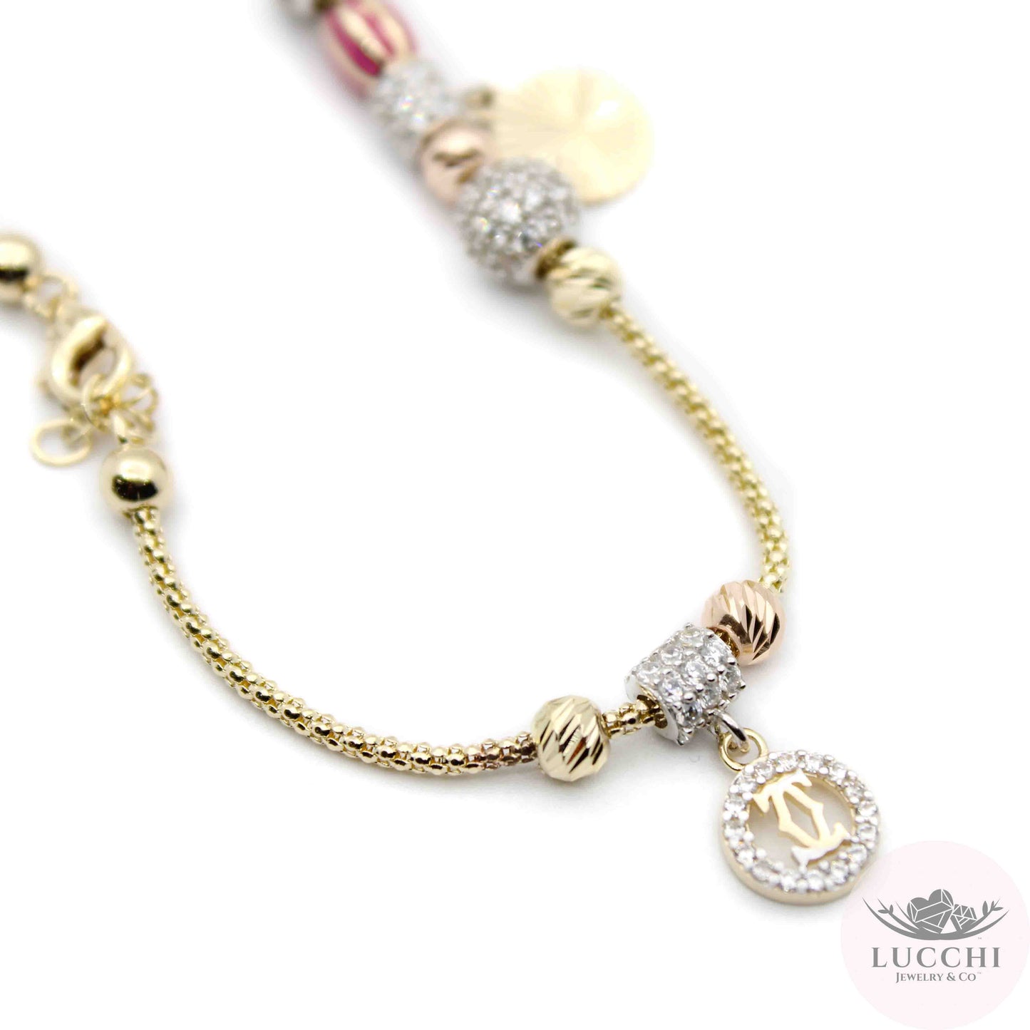 14k Multi-Charm Brand Bracelet - 2mm