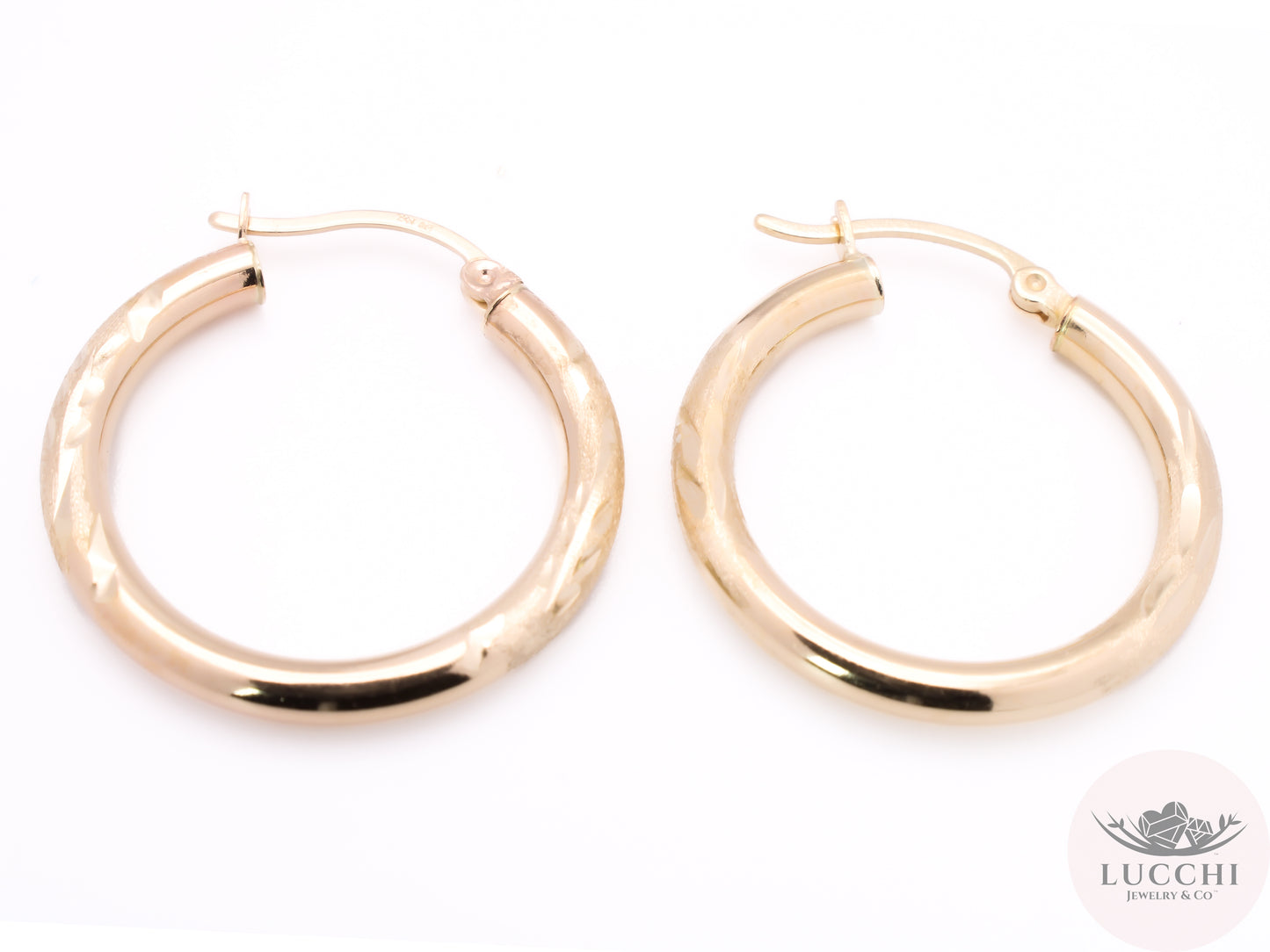 20mm Chevron Classic Hoop Earrings - Glass Blasted - 14k