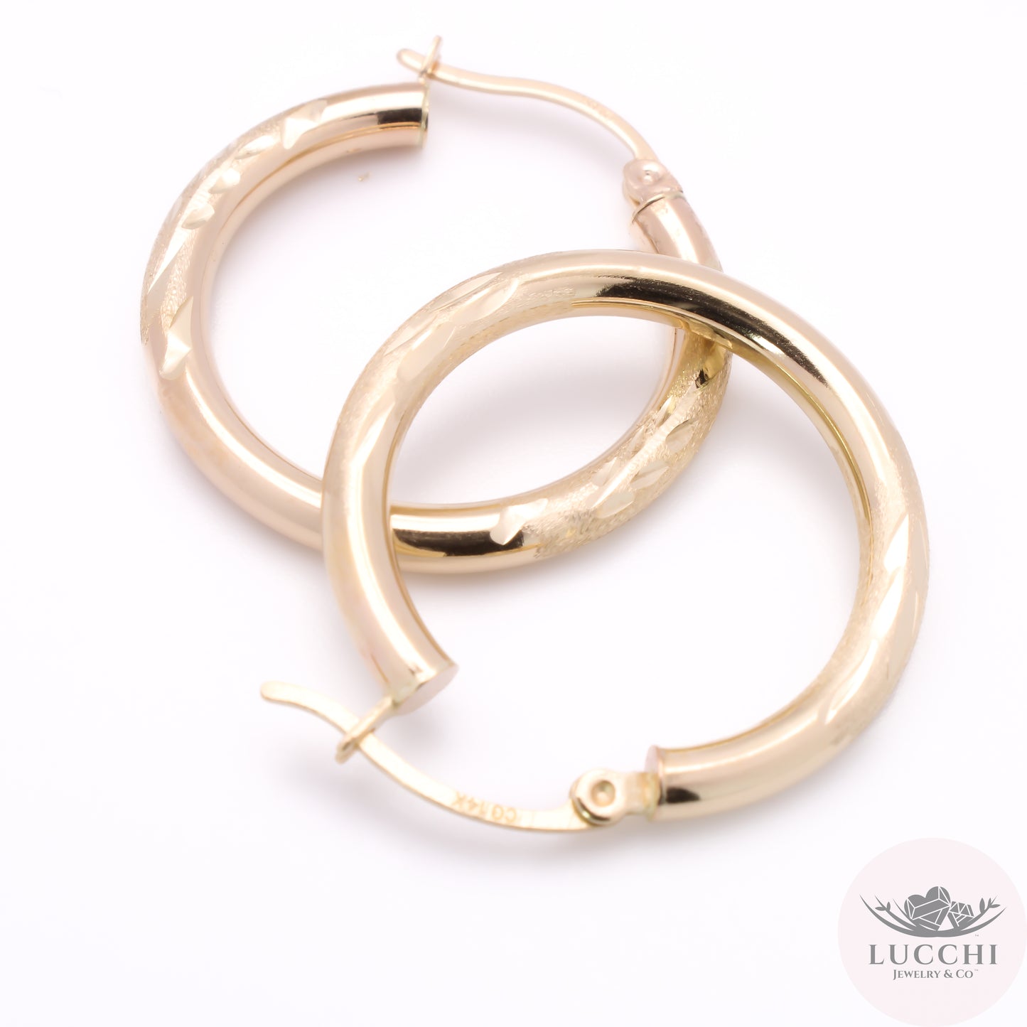 20mm Chevron Classic Hoop Earrings - Glass Blasted - 14k