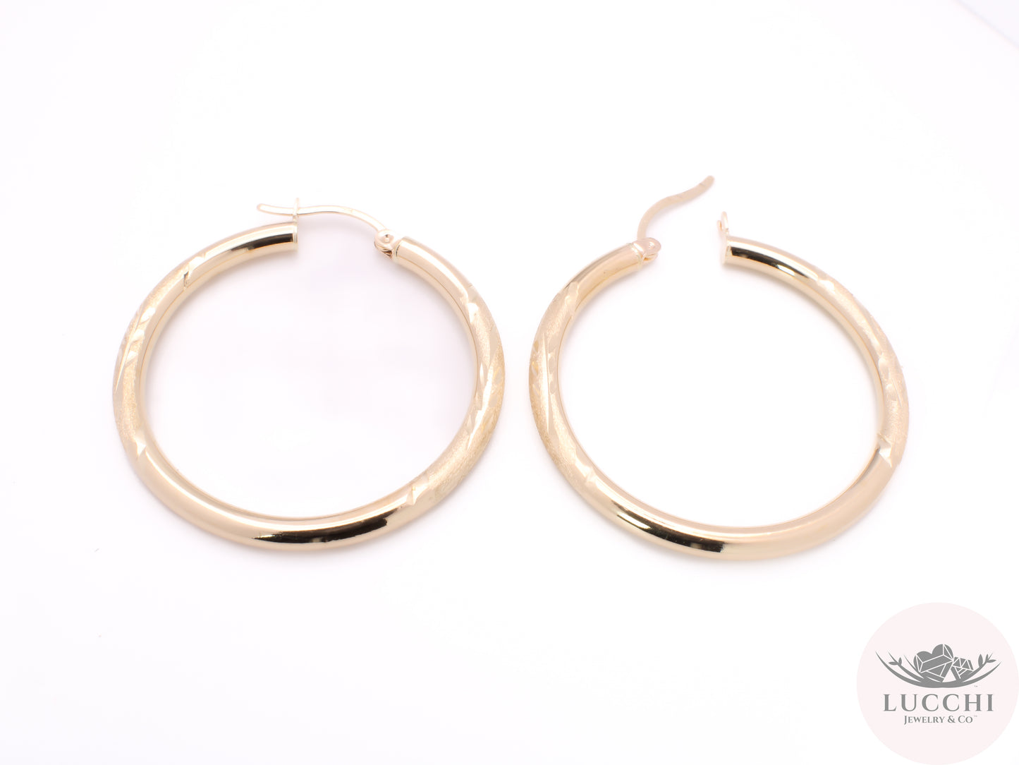 30mm Chevron Classic Hoop Earrings - Glass Blasted - 14k