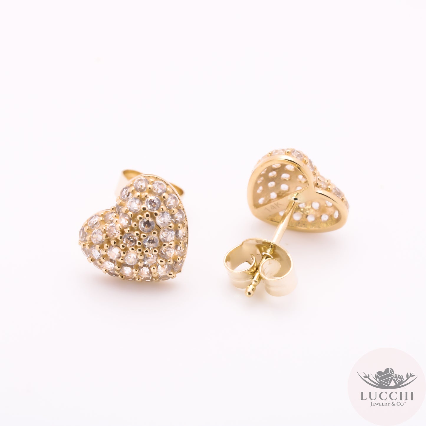 3D Pavé Heart Studs - 14k