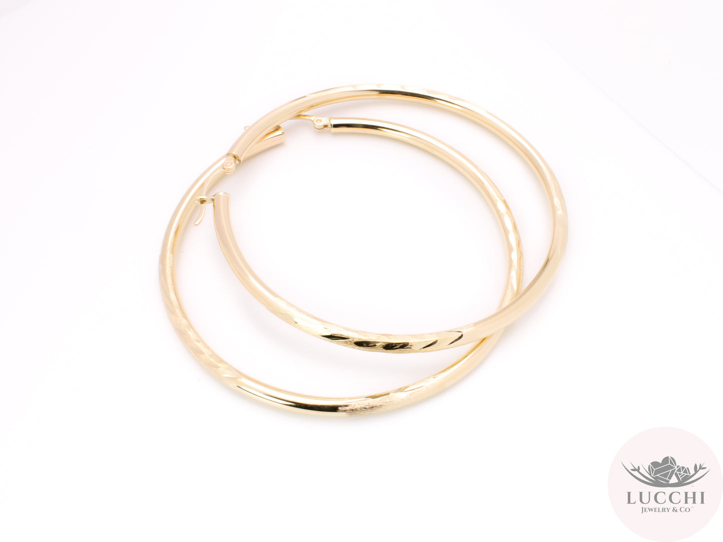 55mm Chevron Classic Hoop Earrings - Glass Blasted - 14k