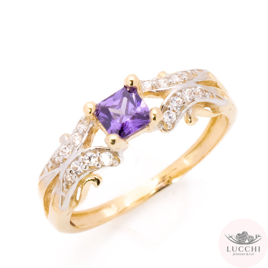 Angel Wing Princess Cut Ring - Amethyst Purple - 14k