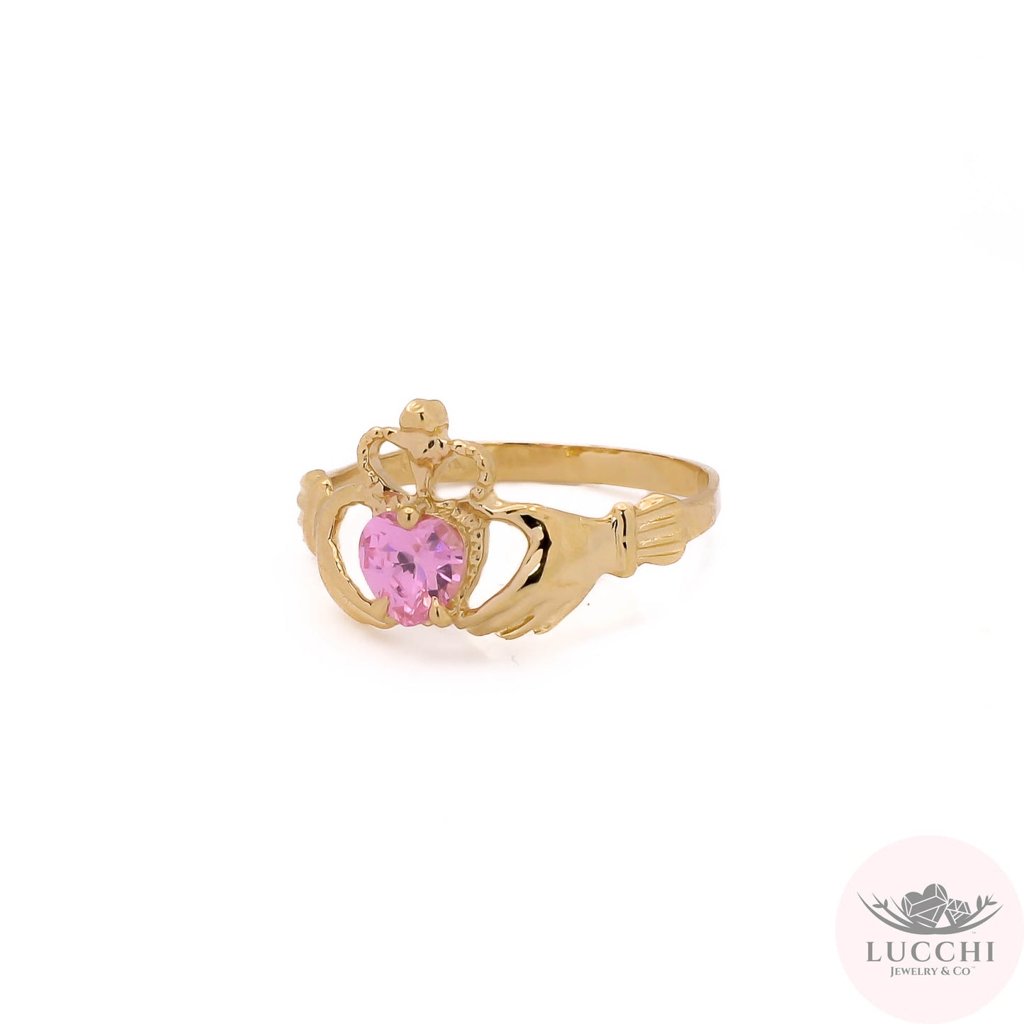 Claddagh Rustic Style Pink Stone Ring - Royal Crown - 14k