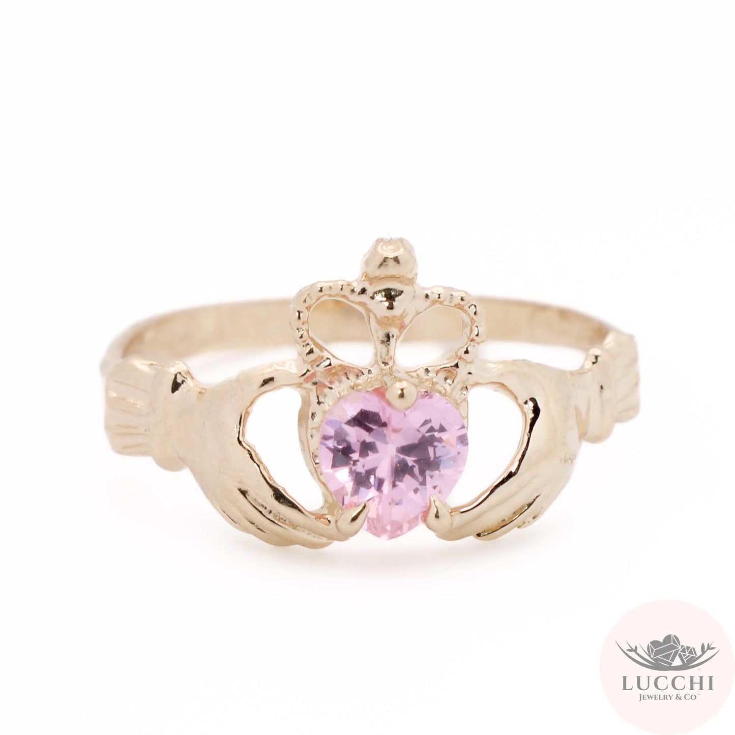 Claddagh Rustic Style Pink Stone Ring - Royal Crown - 14k