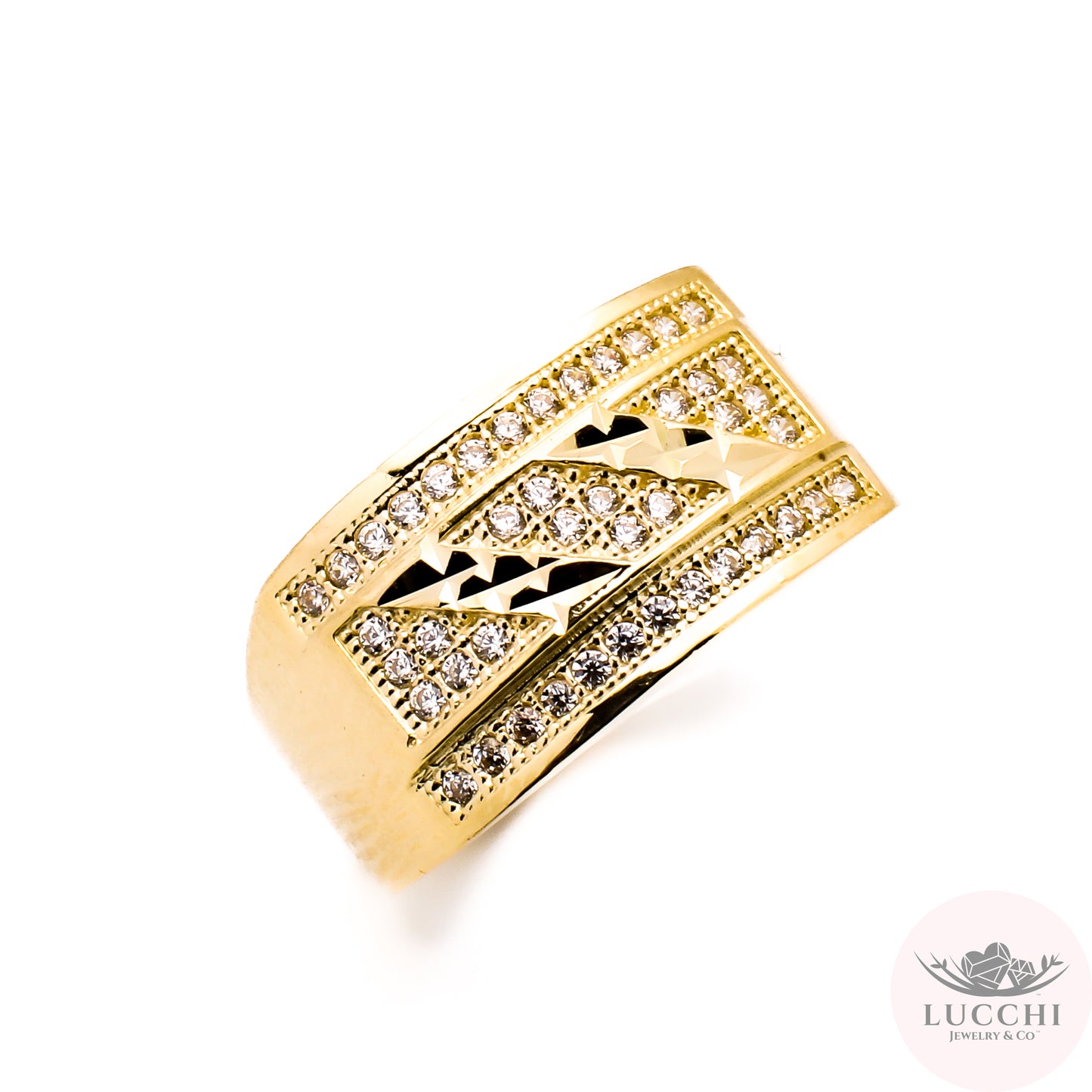 Contemporary Strike Ring - White - Diamond Cuts - 14k