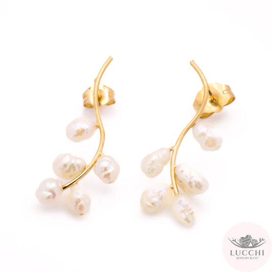 Cultured Pearl Leaves on Branch Baroque Earrings - 14k
