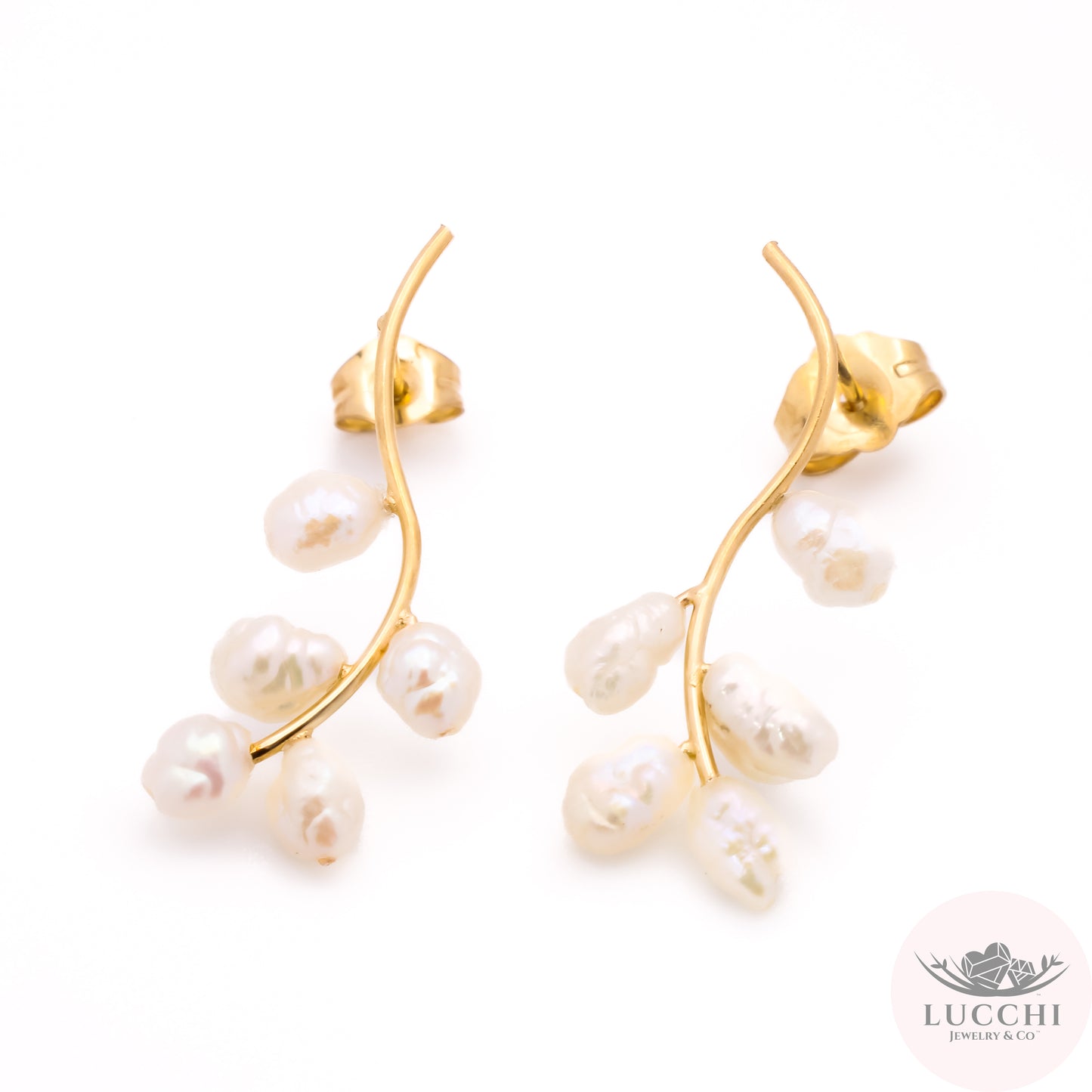 Cultured Pearl Leaves on Branch Baroque Earrings - 14k