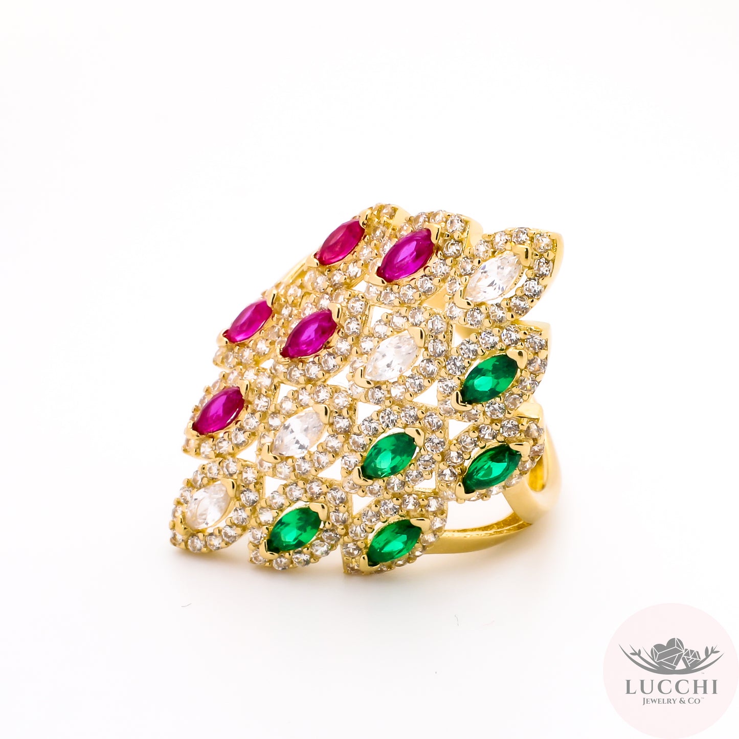 Deco Statement Ring - Green, White, Red - 14k