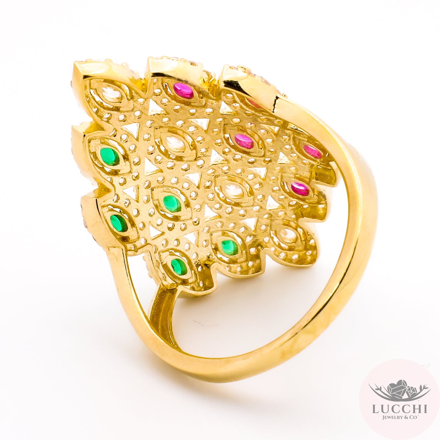 Deco Statement Ring - Green, White, Red - 14k