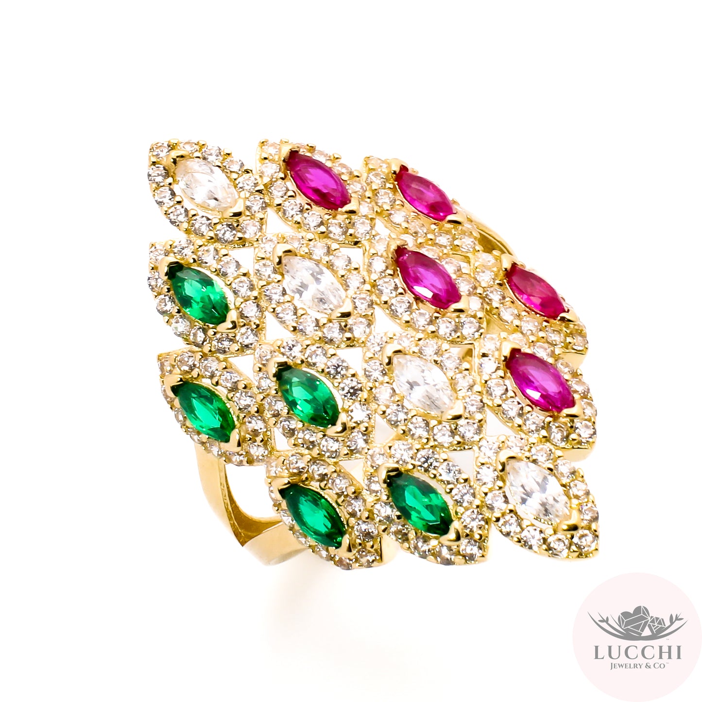 Deco Statement Ring - Green, White, Red - 14k