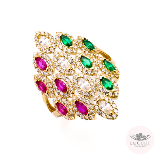 Deco Statement Ring - Green, White, Red - 14k