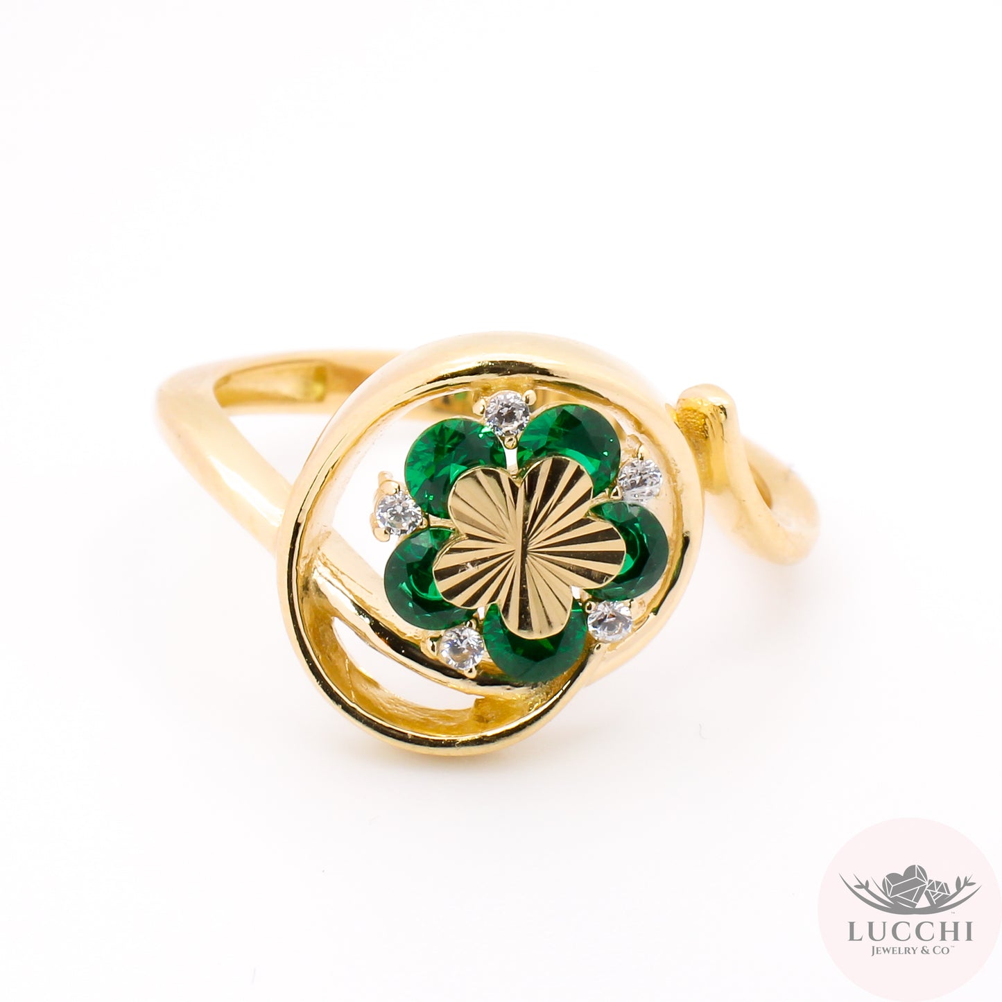 Statement x Floral x Bypass x Halo Ring - Emerald Green - 14k