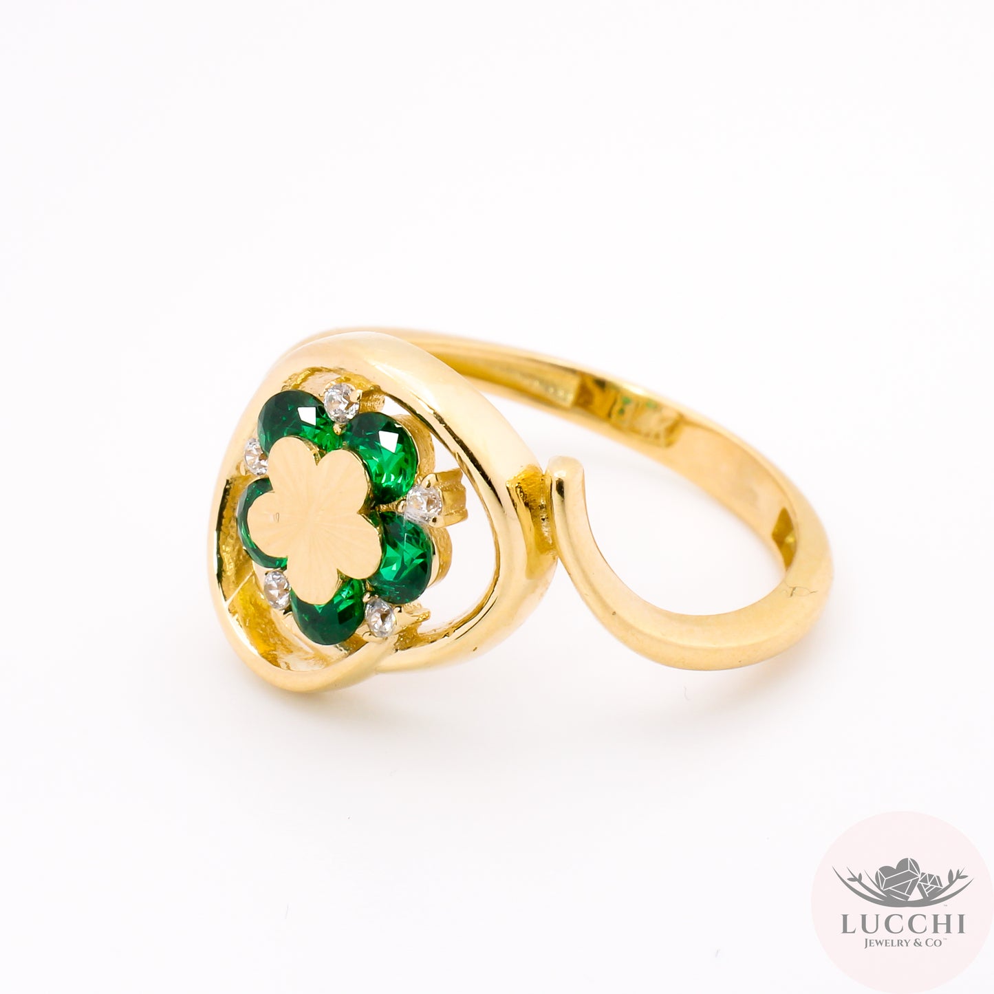 Statement x Floral x Bypass x Halo Ring - Emerald Green - 14k