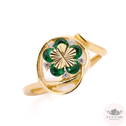 Statement x Floral x Bypass x Halo Ring - Emerald Green - 14k