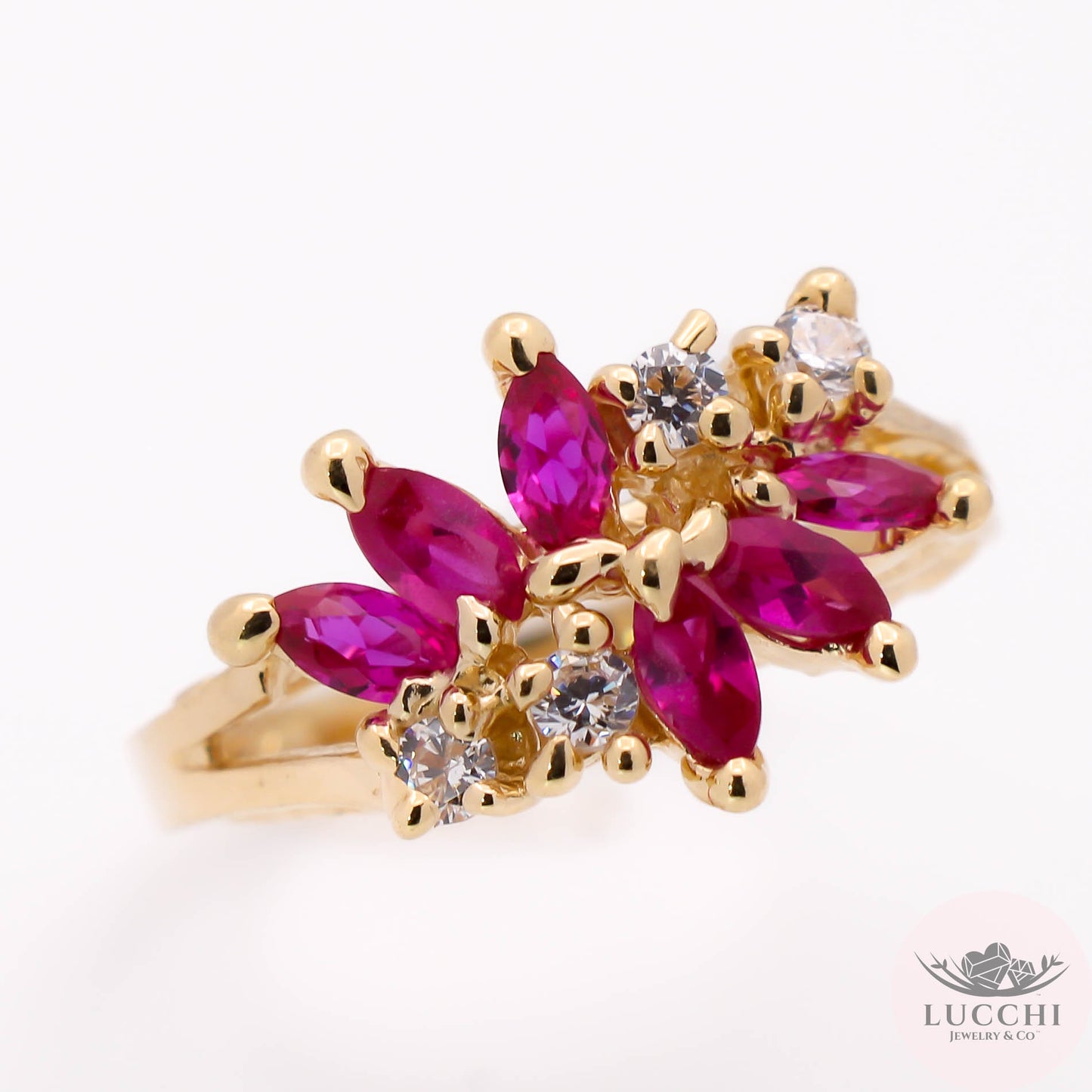 Floral Ruby Red Ring - 14k