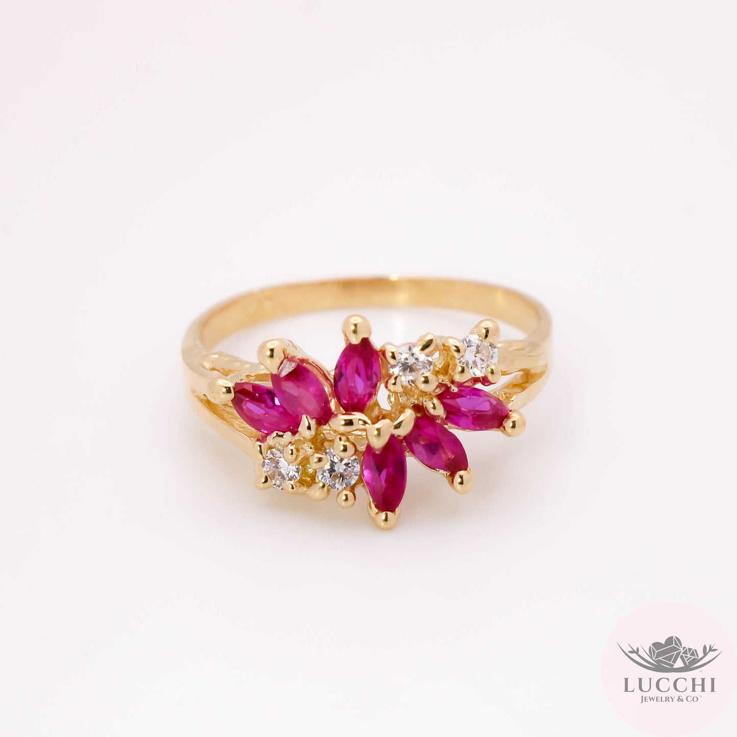 Floral Ruby Red Ring - 14k
