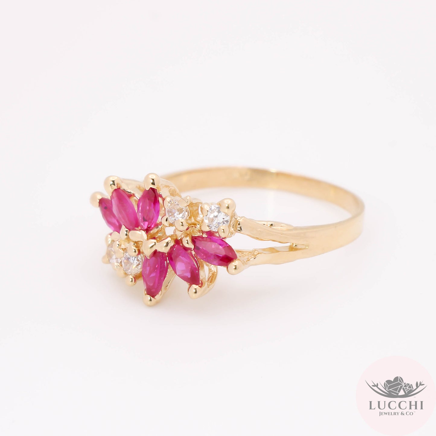 Floral Ruby Red Ring - 14k