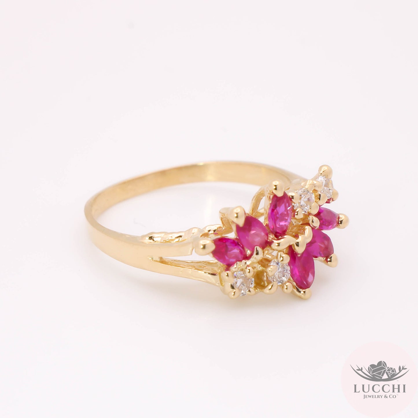 Floral Ruby Red Ring - 14k