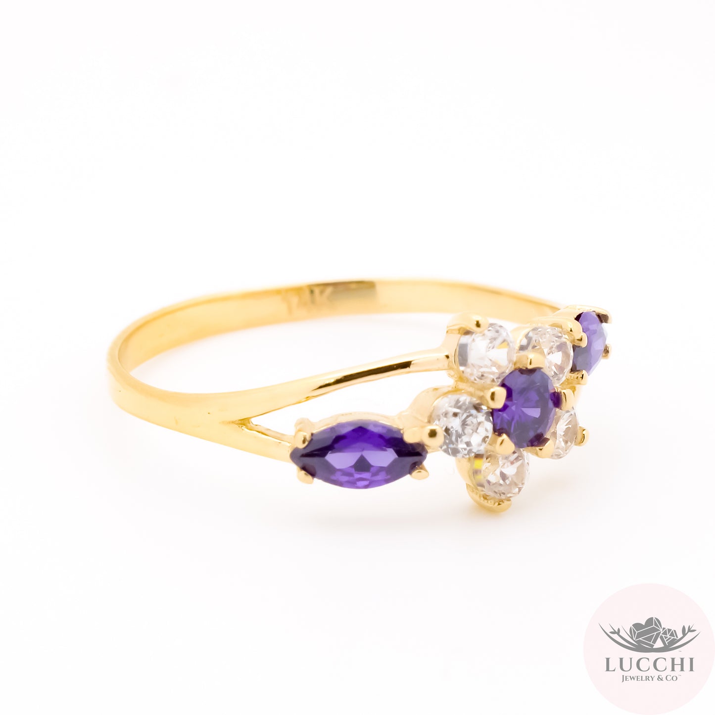 Halo x Floral x Trilogy CZ Ring - Amethyst Purple - 14k