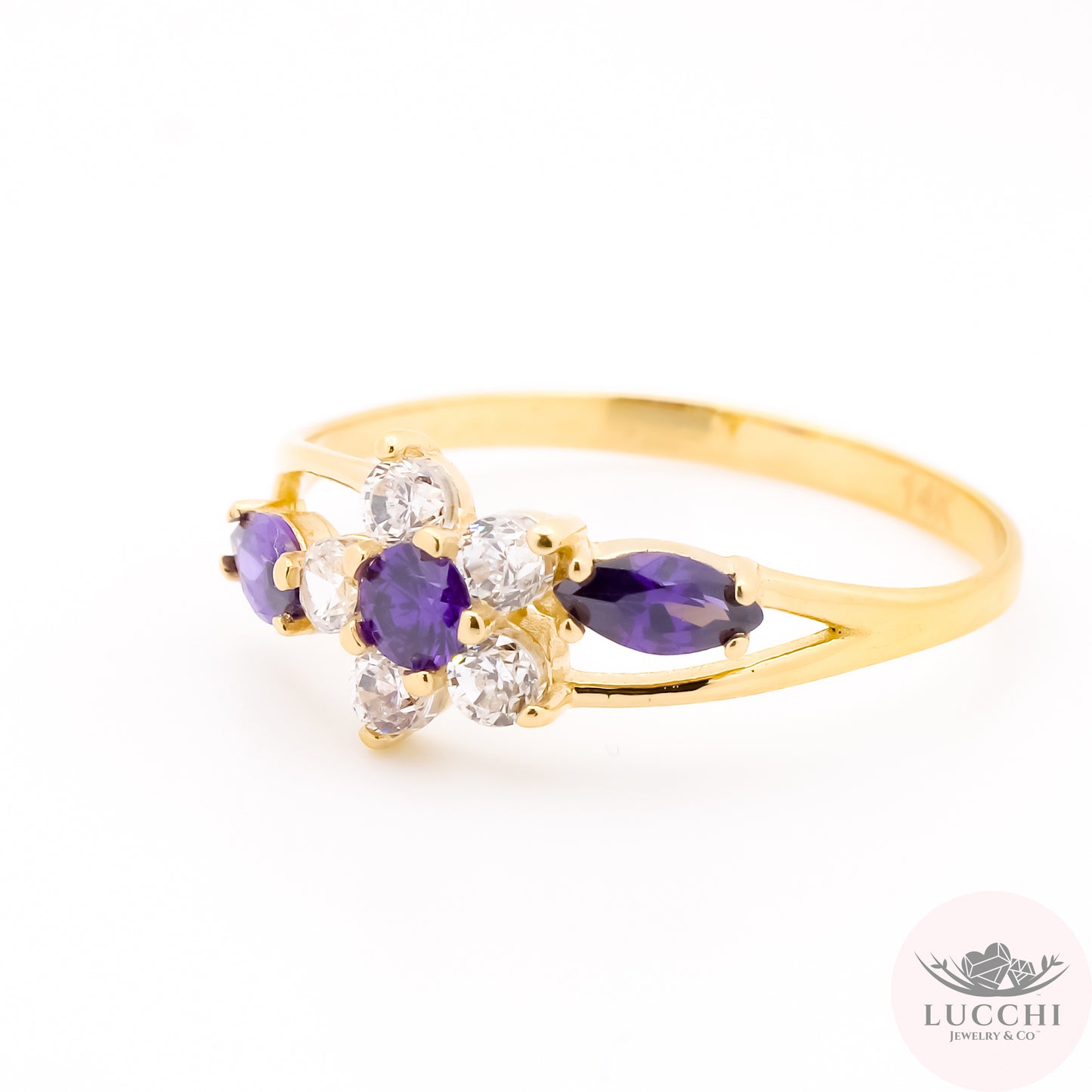 Halo x Floral x Trilogy CZ Ring - Amethyst Purple - 14k