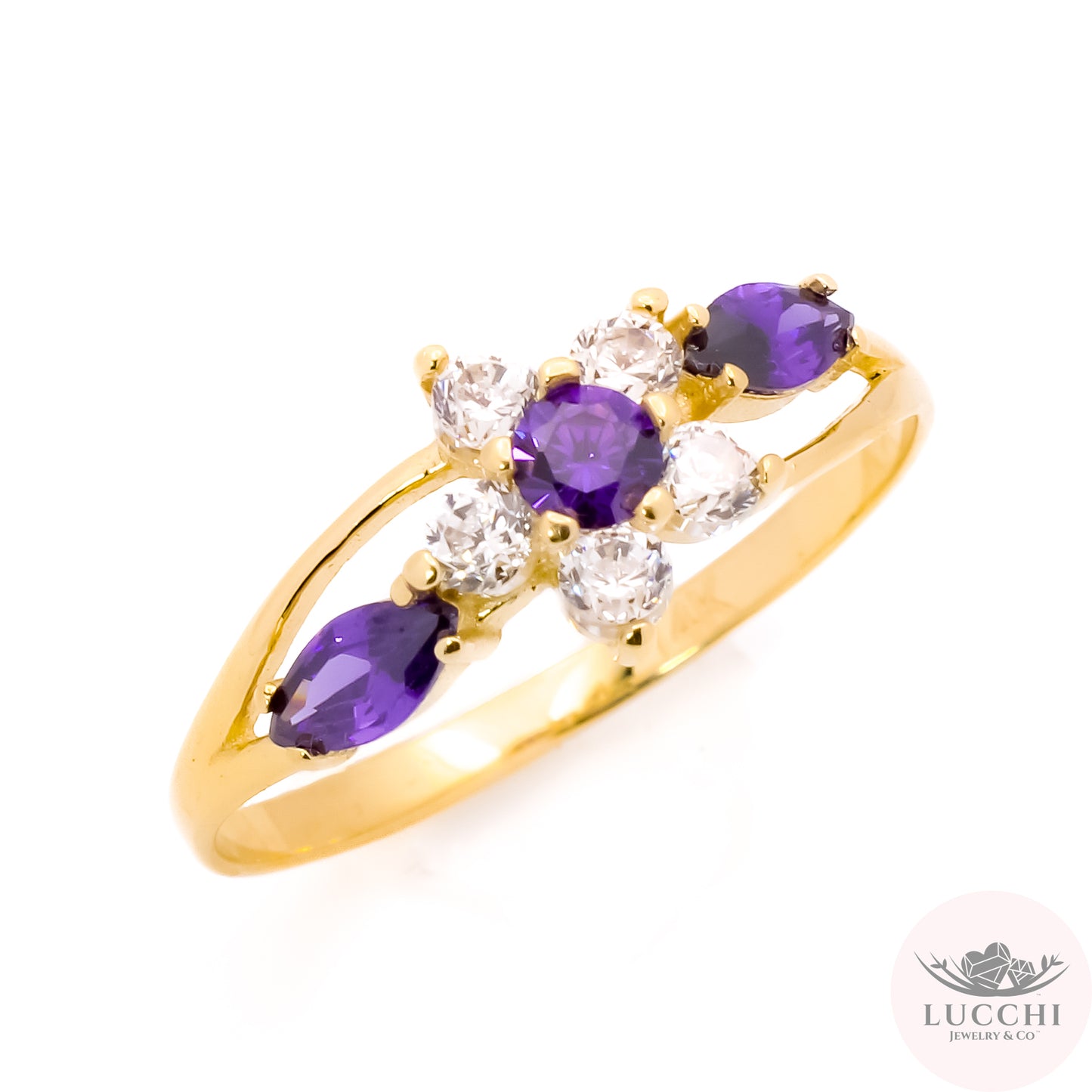 Halo x Floral x Trilogy CZ Ring - Amethyst Purple - 14k