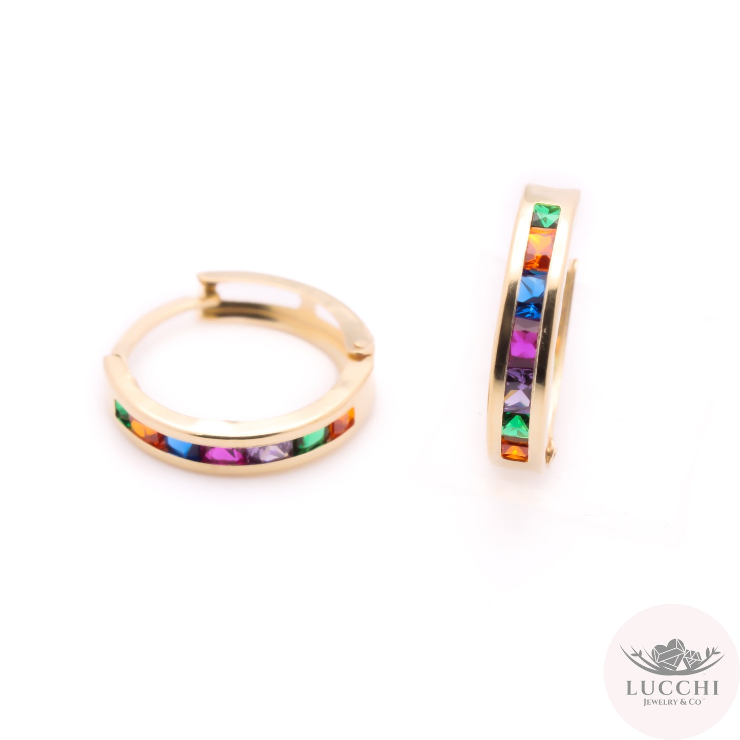 Rainbow Huggies Earrings - Emerald Cuts- 14k