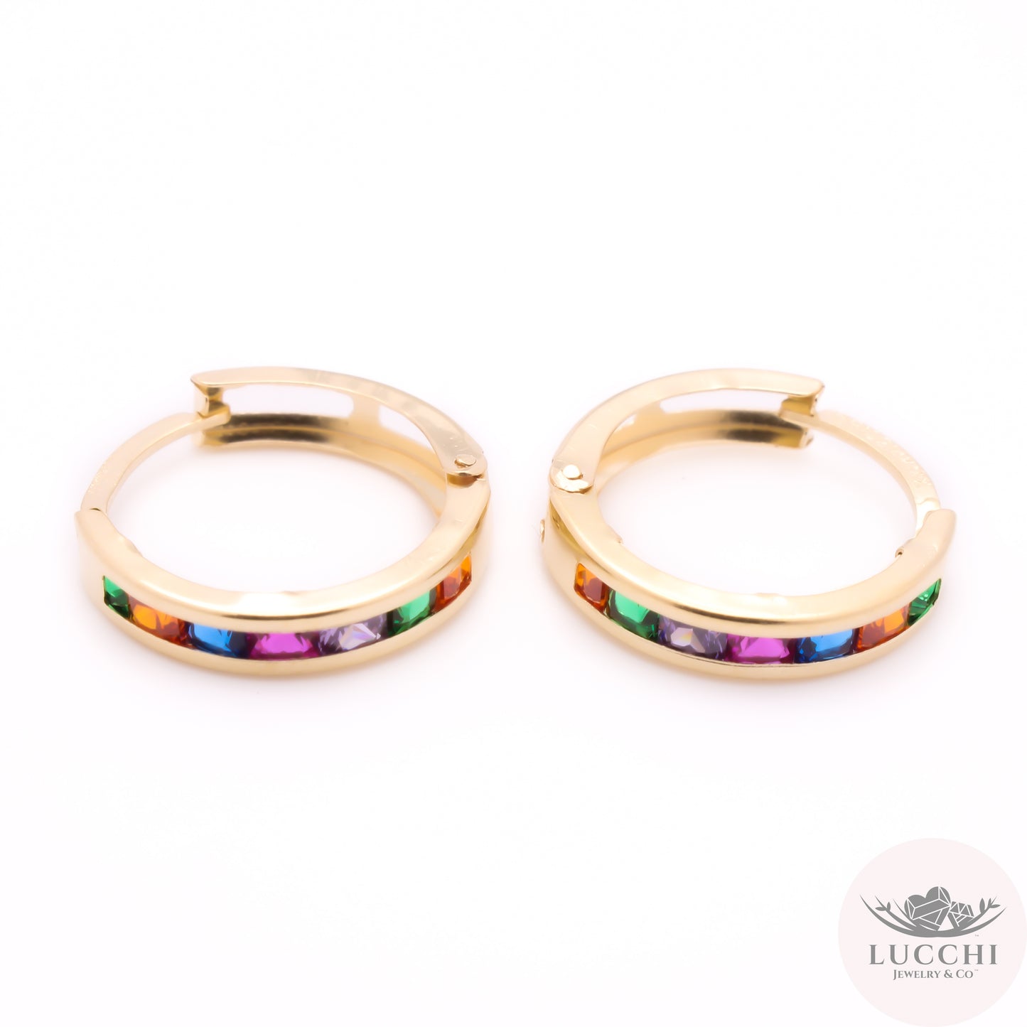 Rainbow Huggies Earrings - Emerald Cuts- 14k