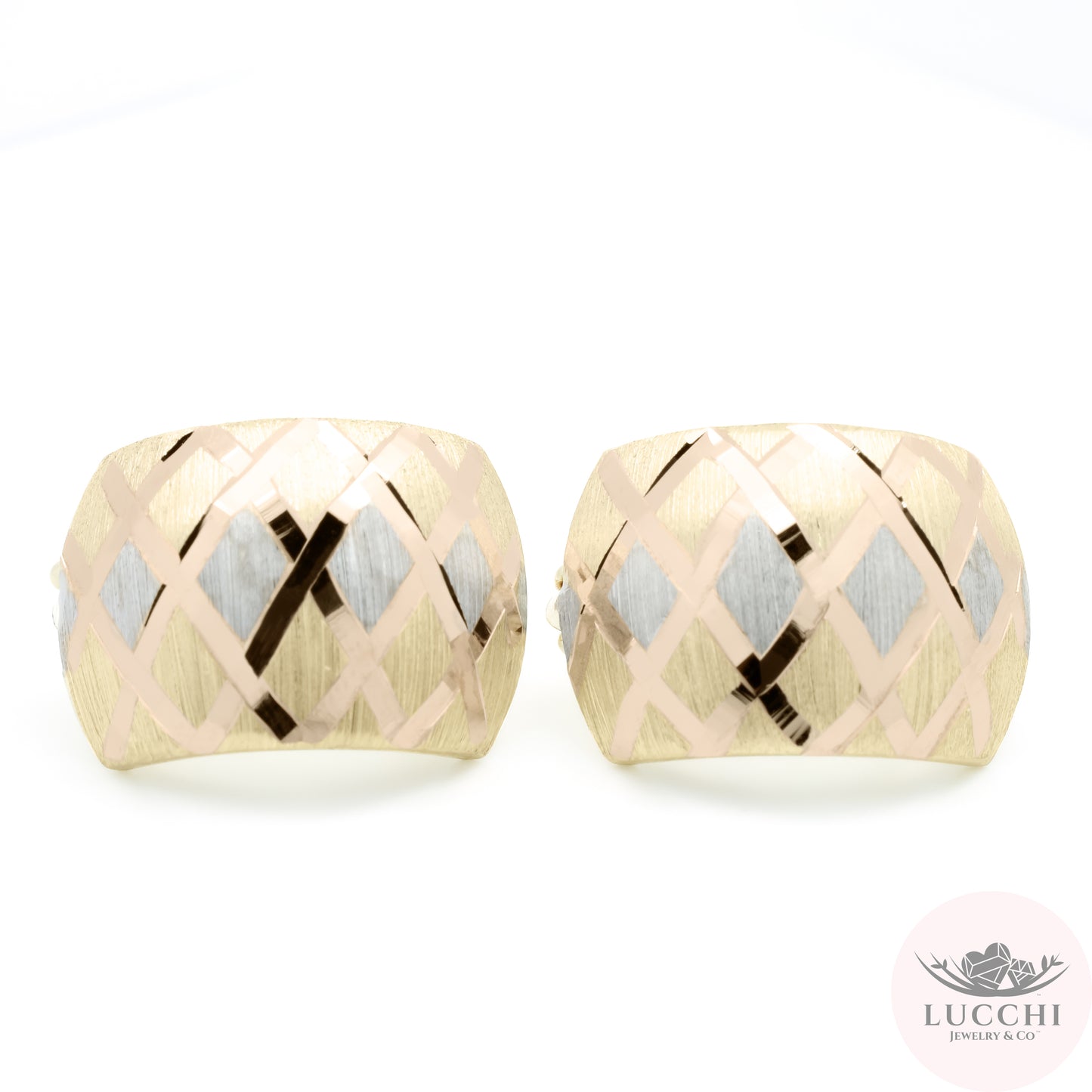 Neo Art Deco Tri Color Omega Earrings - Style 3 - 14k