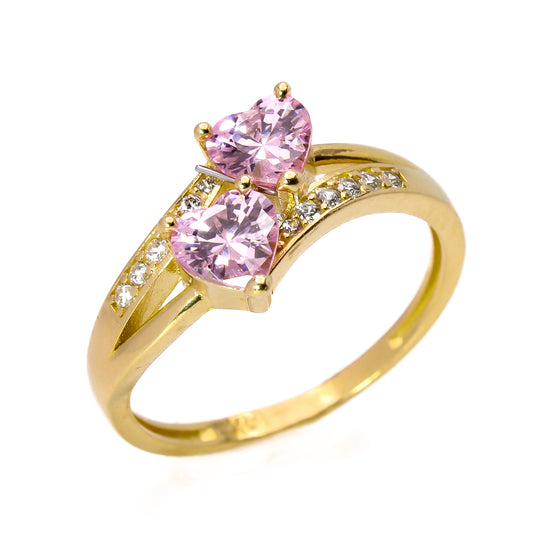 Two Shooting Hearts - Promise x Forever Ring - Baby Pink Rose - 14k